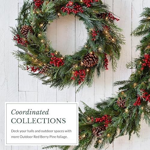 Outdoor Red Berry Pine Christmas Garland - Fresh Traditional Greenery Garland with Natural Elements &, alternate view 6