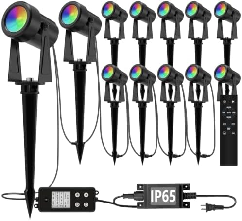 Outdoor RGBW Landscape Lighting with Remote, Dusk to Dawn, 12 Pack
