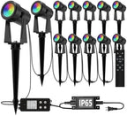 Outdoor RGBW Landscape Lighting with Remote, Dusk to Dawn, 12 Pack