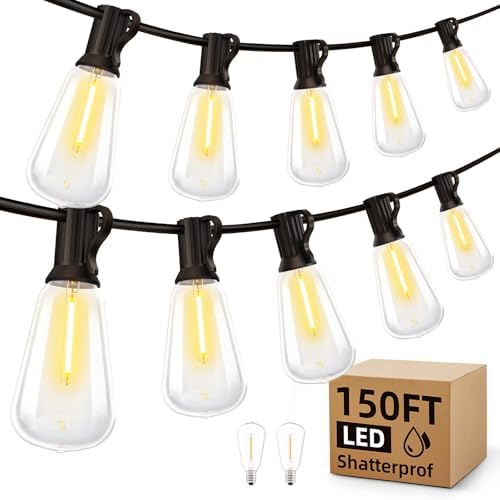 Outdoor String Led Patio Lights - 150Ft 45M Outside Waterproof Light ST38 Shatterproof Bulb Connectable Hanging