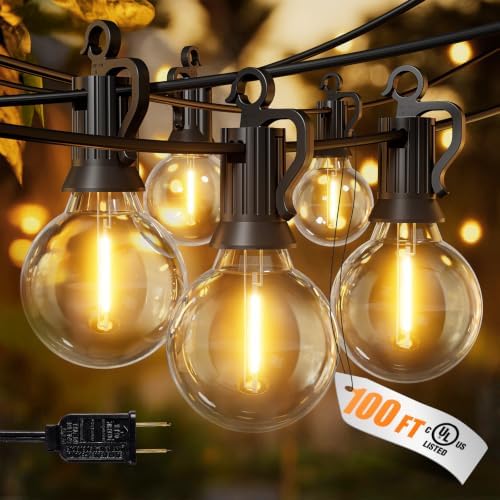 Outdoor String Lights, 100FT 50+2 G40 Bulbs Shatterproof Patio Lights, IP65 Waterproof Dimmable Hanging