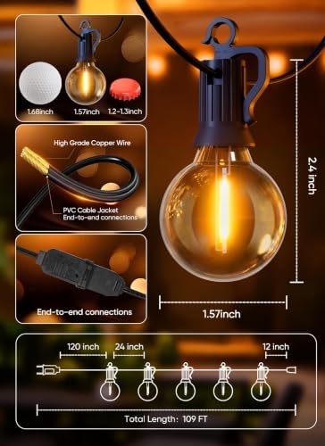 Outdoor String Lights, 100FT 50+2 G40 Bulbs Shatterproof Patio Lights, IP65 Waterproof Dimmable Hanging, alternate view 3