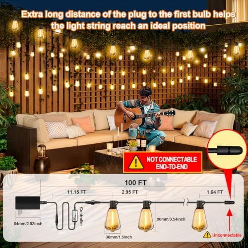 Outdoor String Lights 100FT, APP & Remote Control Dimmable Patio Lights, Plug in LED String Lights with Timer, alternate view