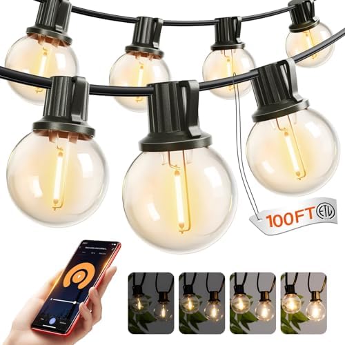 Outdoor String Lights 100FT G40 with APP 54 LED Shatterproof Bulb