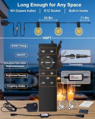 Outdoor String Lights 100FT, Smart APP & Remote Control Dimmable Patio Lights with Timer, Plug in LED String, alternate view