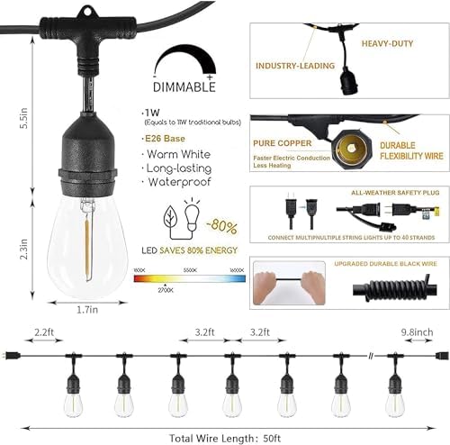 Outdoor String Lights 105 FT Outside Waterproof Commercial Grade ETL, alternate view 3