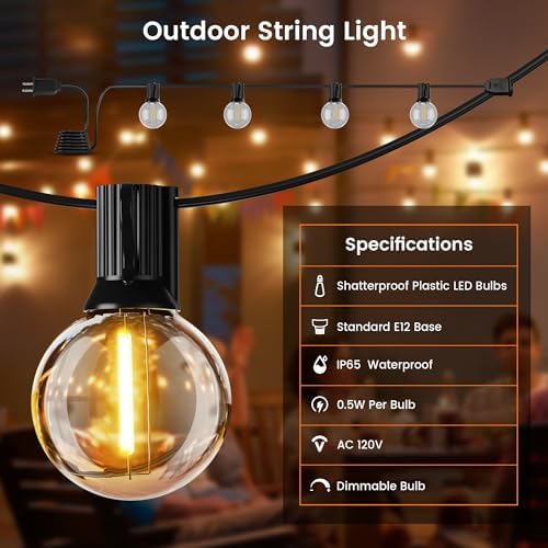 Outdoor String Lights,110FT Dimmable Patio Lights with 52 Shatterproof 2200K LED G40 Bulbs(2 Spare), Waterproof, alternate