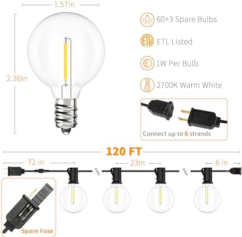 Outdoor String Lights 120 FT Waterproof Patio Light 63 LED Bulbs, alternate view 4