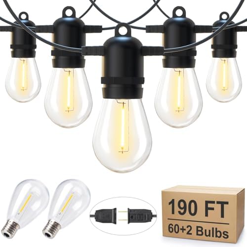 Outdoor String Lights 190FT with 60+2 Shatterproof Edison Bulbs, Waterproof Hanging Patio Lights Outside for