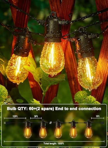 Outdoor String Lights 190FT with 60+2 Shatterproof Edison Bulbs, Waterproof Hanging Patio Lights Outside for, alternate view