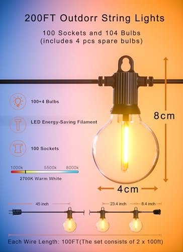 Outdoor String Lights, 200FT G40 LED IP65 Waterproof Patio Lights, alternate view 5