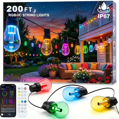 Outdoor String Lights, 200FT RGB+IC Outside Light Dimmable Shatterproof LED Bulbs, IP67 Waterproof Chasing