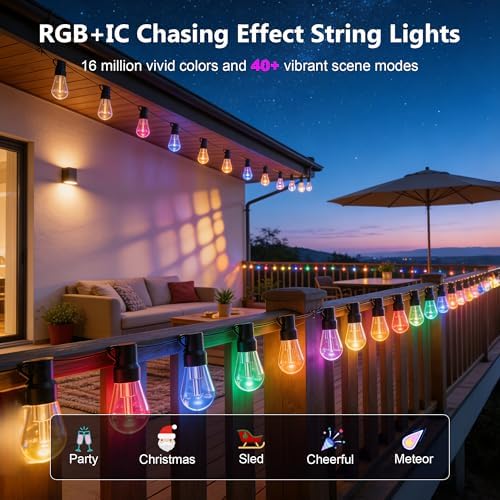 Outdoor String Lights, 200FT RGB+IC Outside Light Dimmable Shatterproof LED Bulbs, IP67 Waterproof Chasing, alternate view 3