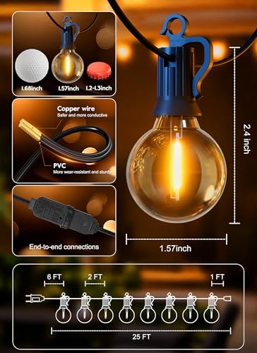 Outdoor String Lights, 25FT 12 LED Bulbs String Lights, IP65 Waterproof Connectable G40 Outside Patio Light for, alternate