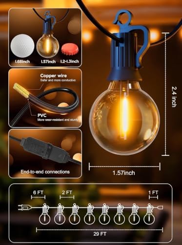 Outdoor String Lights, 29FT 12+1 G40 Bulbs Shatterproof Patio Lights, alternate view 6