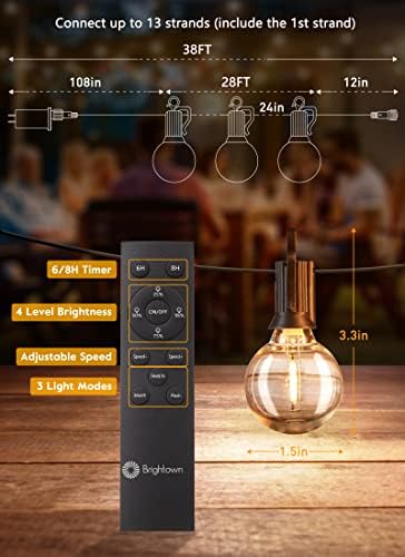 Outdoor String Lights, 38FT 15 Shatterproof LED Bulbs with Remote, Waterproof Dimmable Patio Hanging Lamps for, alternate