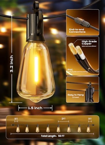 Outdoor String Lights, 50FT 25+2 LED ST38 LED Patio Lights Shatterproof, Dimmable IP65 Waterproof Connectable, alternate view