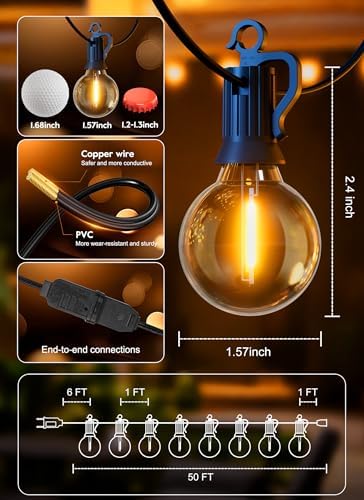 Outdoor String Lights, 50FT 52 LED Bulbs Connectable Patio Lights (2 Spare), alternate view 6
