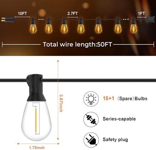 Outdoor String Lights, 50FT LED Waterproof Patio Lights, alternate view 2
