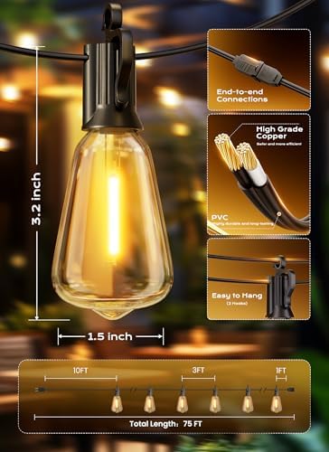 Outdoor String Lights, 75FT 22+2 LED ST38 LED Patio Lights Shatterproof, Dimmable IP65 Waterproof Connectable, alternate view