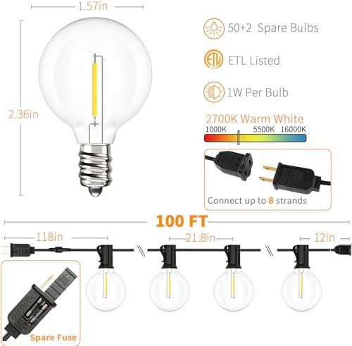 Outdoor String Lights Waterproof 100 FT for Outside Patio 52 Bulbs, alternate view 2