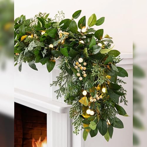 Outdoor White Berry Cypress Christmas Garland - Bright & Beautiful Greenery Garland with LED Globe Lights &, alternate view 3