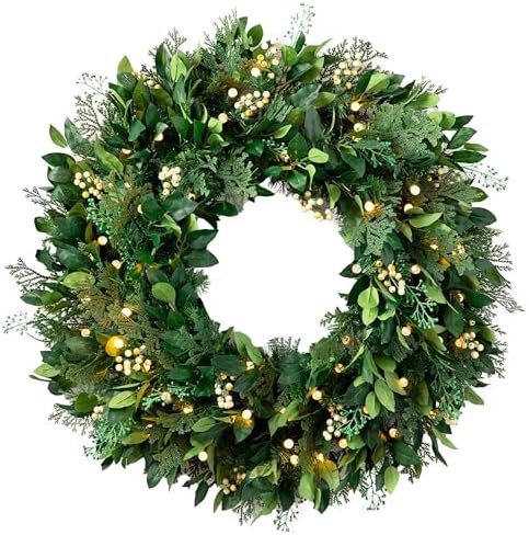 Outdoor White Berry Cypress Christmas Wreath - Bright & Beautiful Front Door Wreath with Battery-Powered LED