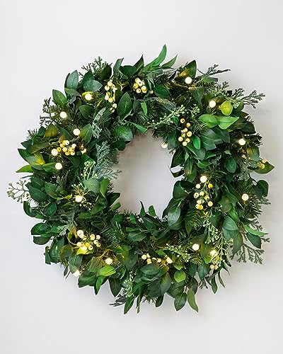 Outdoor White Berry Cypress Christmas Wreath - Bright & Beautiful Front Door Wreath with Battery-Powered LED, alternate view