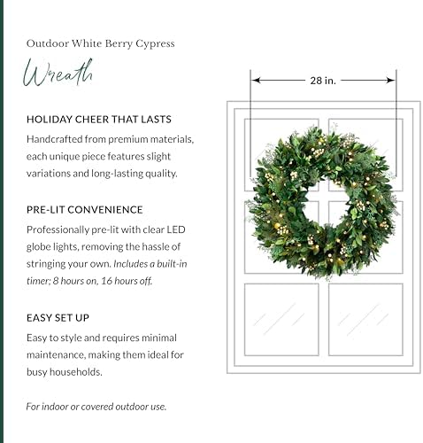 Outdoor White Berry Cypress Christmas Wreath - Bright & Beautiful Front Door Wreath with Battery-Powered LED, alternate view