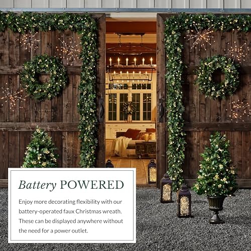 Outdoor White Berry Cypress Christmas Wreath - Bright & Beautiful Front Door Wreath with Battery-Powered LED, alternate view