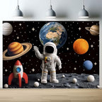 Outer Space Backdrop, Astronaut Rocket Planet Galaxy 3D Photography Background for Boys Kids Birthday Party