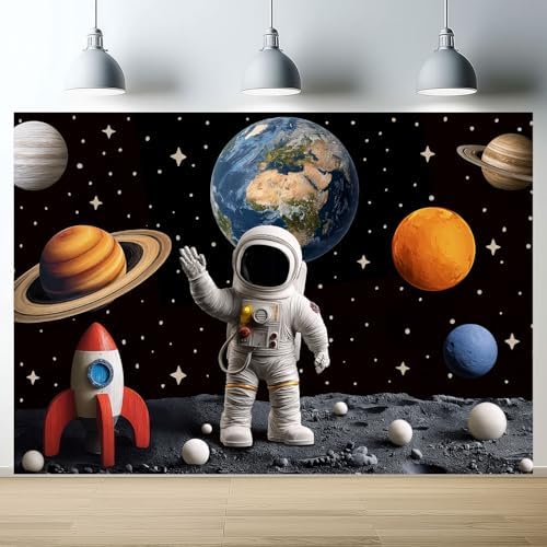 Outer Space Backdrop, Astronaut Rocket Planet Galaxy 3D Photography Background for Boys Kids Birthday Party