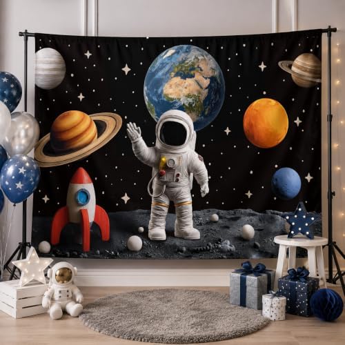 Outer Space Backdrop, Astronaut Rocket Planet Galaxy 3D Photography Background for Boys Kids Birthday Party, alternate view 2