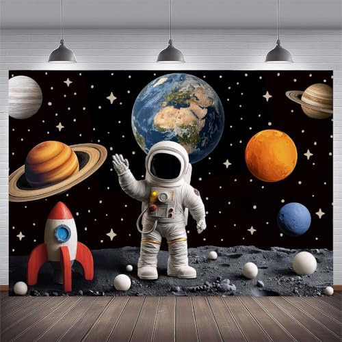 Outer Space Backdrop, Astronaut Rocket Planet Galaxy 3D Photography Background for Boys Kids Birthday Party, alternate view 3