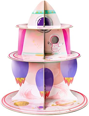 Outer Space Cupcake Stand - 3 Tiered Birthday Party Decorations in Pink Outer Space