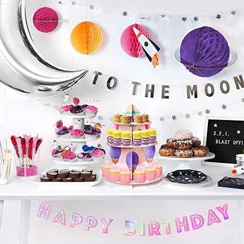 Outer Space Cupcake Stand - 3 Tiered Birthday Party Decorations in Pink Outer Space, alternate view 2