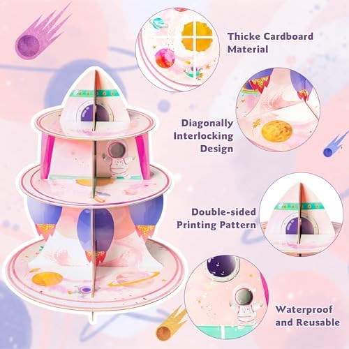Outer Space Cupcake Stand - 3 Tiered Birthday Party Decorations in Pink Outer Space, alternate view 4