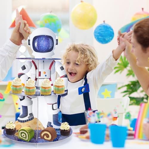 Outer Space Cupcake Stand - Astronaut Boy Birthday Decorations in Blue, alternate view 2
