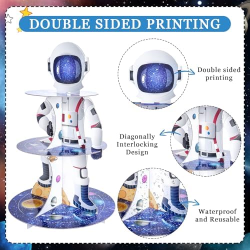 Outer Space Cupcake Stand - Astronaut Boy Birthday Decorations in Blue, alternate view 4