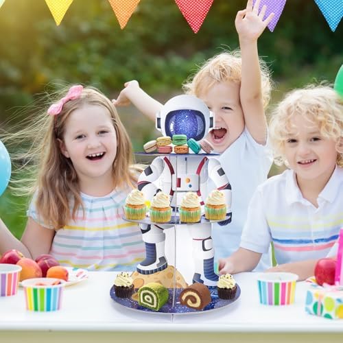 Outer Space Cupcake Stand - Astronaut Boy Birthday Decorations in Blue, alternate view 5