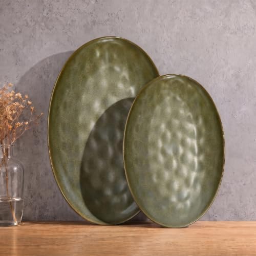 Oval Ceramic Serving Platter Set of 2, 14"/12" Serving Trays, Olive Brown in 14"/12" in Olive Brown