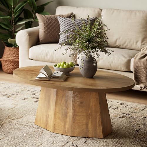 Oval Coffee Table, 47-Inch Living Room Table with Polygonal Pedestal