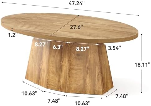 Oval Coffee Table, 47-Inch Living Room Table with Polygonal Pedestal, alternate view 2
