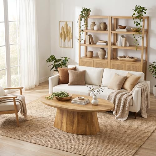 Oval Coffee Table, 47-Inch Living Room Table with Polygonal Pedestal, alternate view 3