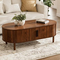 Oval Coffee Table with Sliding Doors, Mid-Century, Walnut