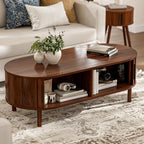 Oval Coffee Table with Sliding Doors, Mid-Century, Walnut, alternate view 3