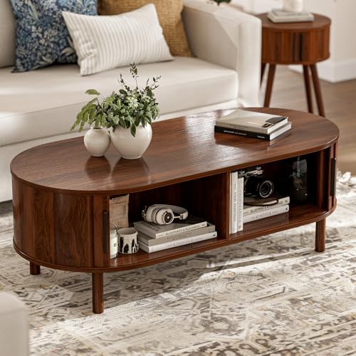 Oval Coffee Table with Sliding Doors, Mid-Century, Walnut, alternate view 3