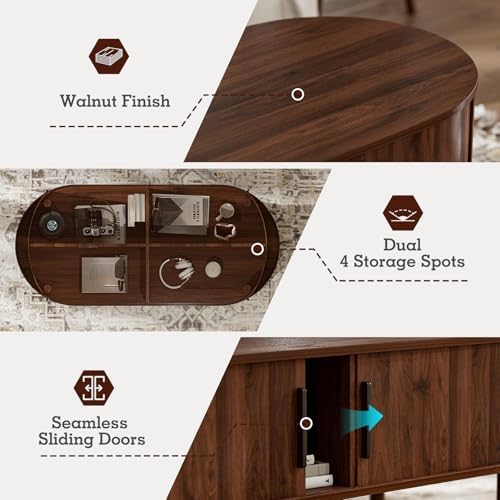 Oval Coffee Table with Sliding Doors, Mid-Century, Walnut, alternate view 4