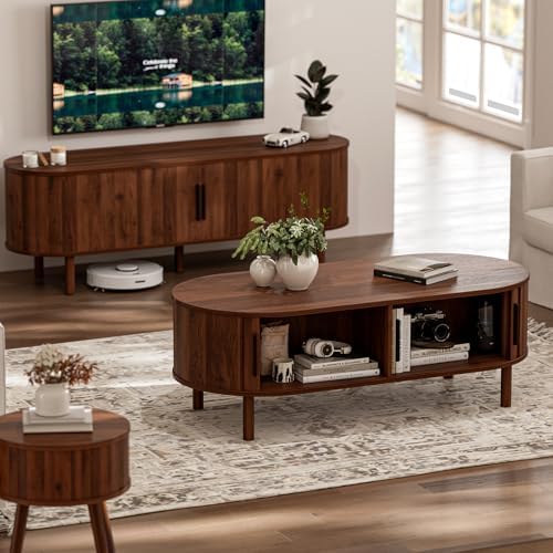 Oval Coffee Table with Sliding Doors, Mid-Century, Walnut, alternate view 6