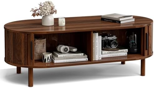 Oval Coffee Table with Sliding Doors, Mid-Century, Walnut, alternate view 7